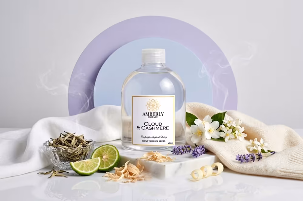 Amberly Essence Cloud & Cashmere diffuser refill bottle surrounded by linen, white tea leaves, lavender sprigs, and vanilla beans — luxury product photography.