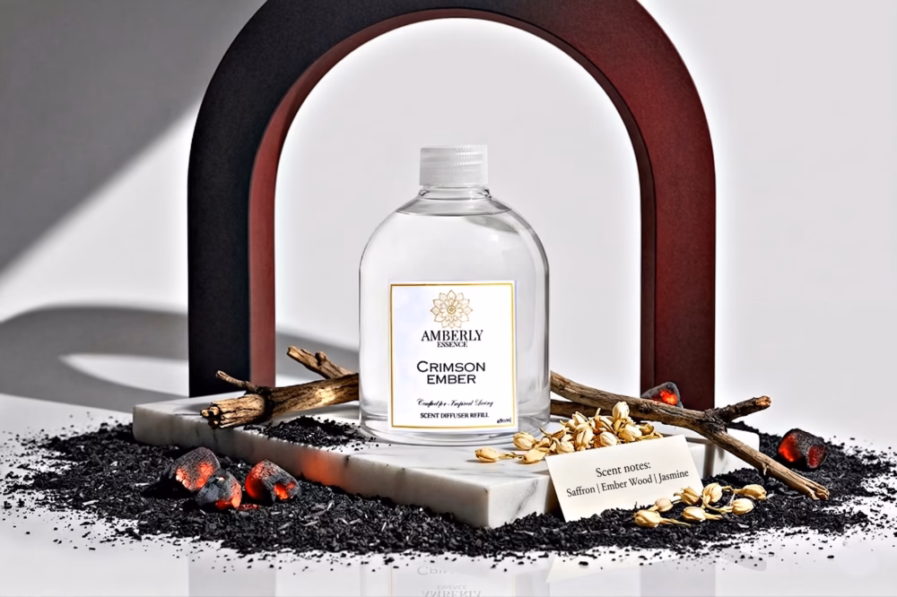 Amberly Crimson Ember diffuser refill styled with ember wood, saffron, jasmine and glowing ember elements on marble.