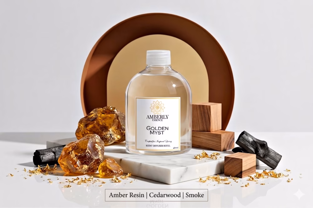 Amberly Golden Myst diffuser refill styled with amber resin, cedarwood pieces and charcoal on marble.