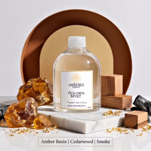Amberly Golden Myst diffuser refill styled with amber resin, cedarwood pieces and charcoal on marble.