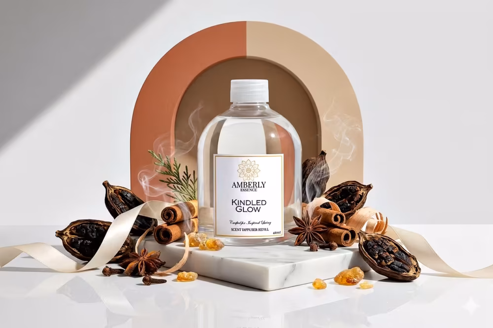 Amberly Kindled Glow diffuser refill with bergamot, patchouli and vanillin notes styled with citrus peel, leaves and smoke on marble.