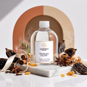 Amberly Kindled Glow diffuser refill with bergamot, patchouli and vanillin notes styled with citrus peel, leaves and smoke on marble.