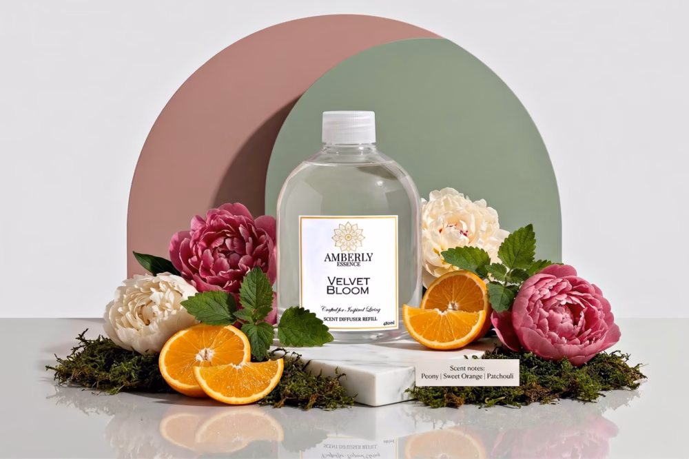 Amberly Velvet Bloom diffuser refill styled with peonies, sweet orange slices, green leaves and moss on a reflective surface.