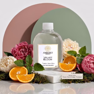Amberly Velvet Bloom diffuser refill styled with peonies, sweet orange slices, green leaves and moss on a reflective surface.