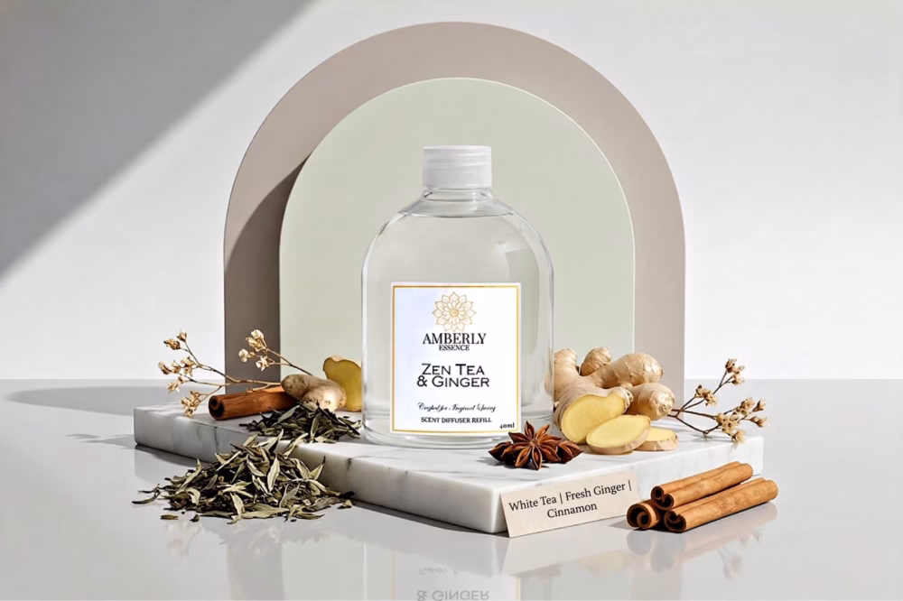 Amberly Zen Tea & Ginger diffuser refill styled with white tea leaves, fresh ginger, cinnamon sticks and star anise on marble.